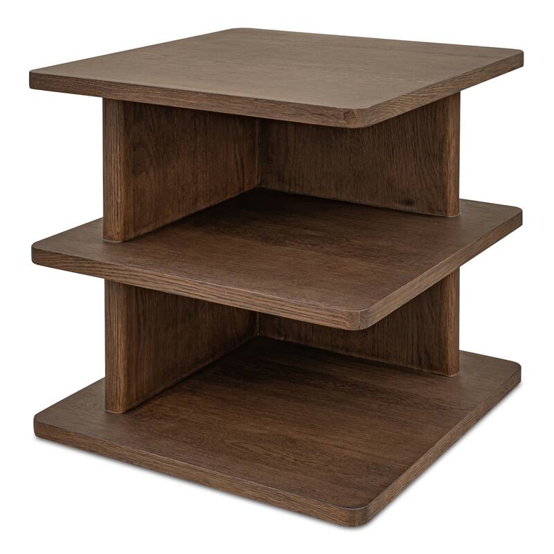 NADAAL STUDIOS Thalor Side Table, Square Dark Oak Top with Rounded Edge Shelves, Solid Oak Detail, Dark Brown