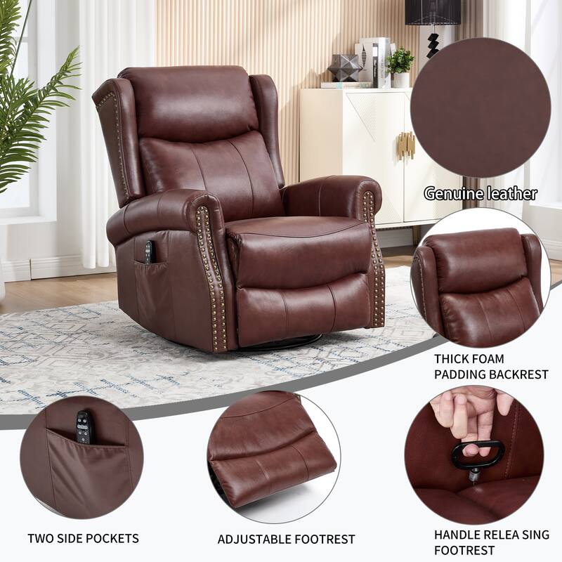 Manual Recliner Chair with Heat & Massage, Genuine Leather Swivel Recliner Chair, Lounge Sofa Chair with Side Pockets - Red