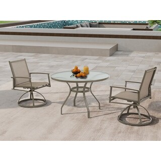 3 Piece Metal Outdoor Bistro Set with Tan PVC Sling Swivel Rocker Chairs and Round Cast Top Outdoor Table in Brown Bed Bath Beyond 41254107