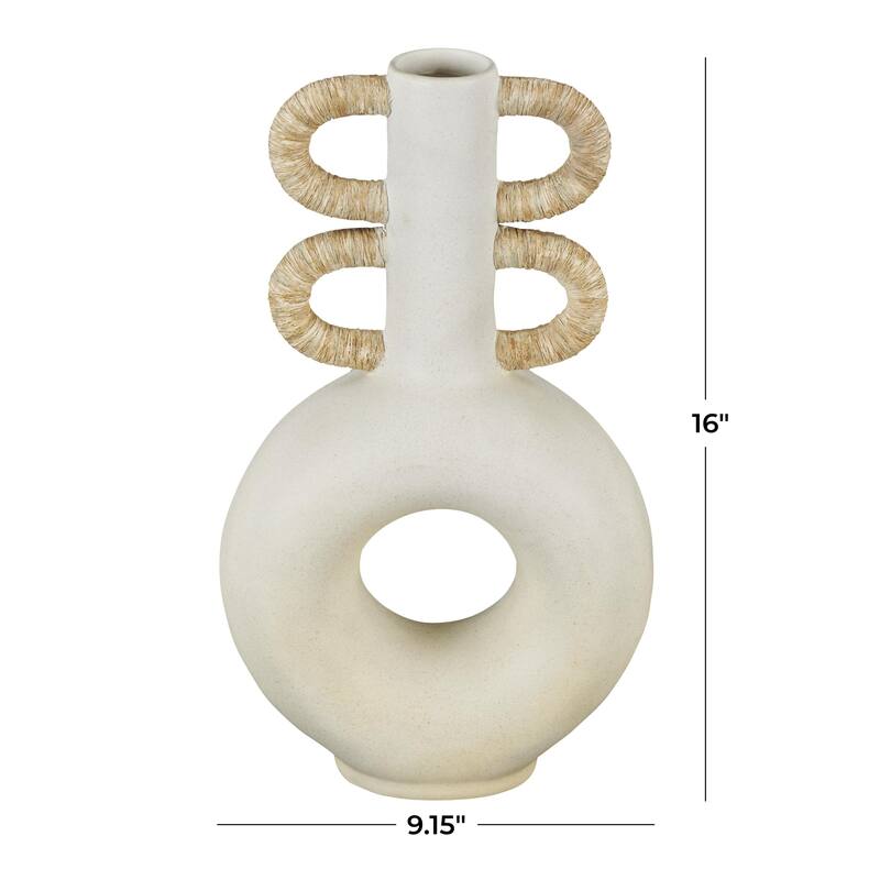 Resin Round Speckled Decorative Vase with Woven Inspired Arched Handles and Cutout Opening - Cream - Roche River Decor