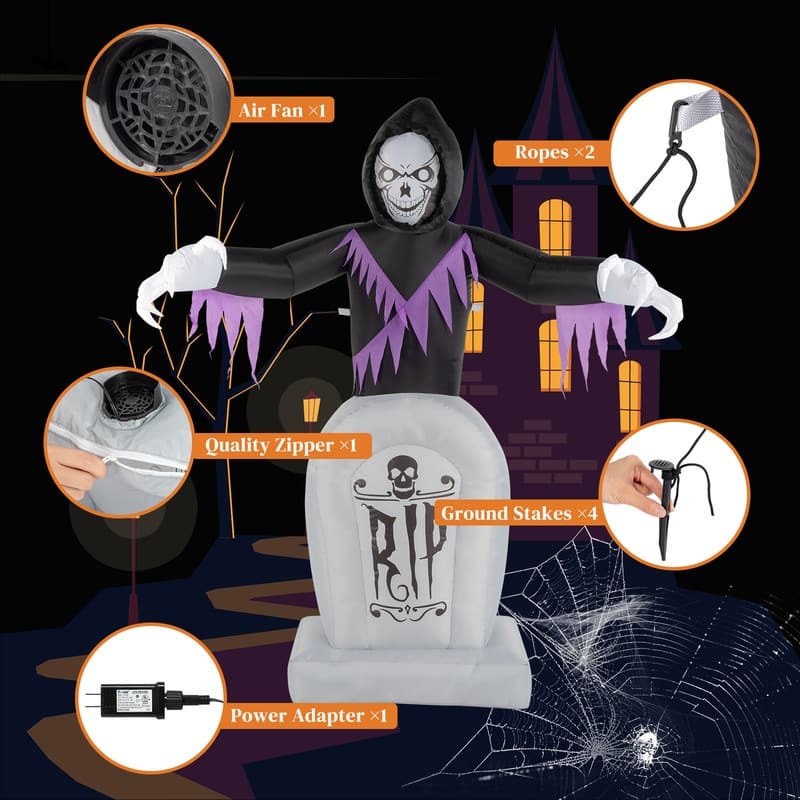 3pcs LED String Lights Grim Reaper and Grave Inflatable Halloween Decoration