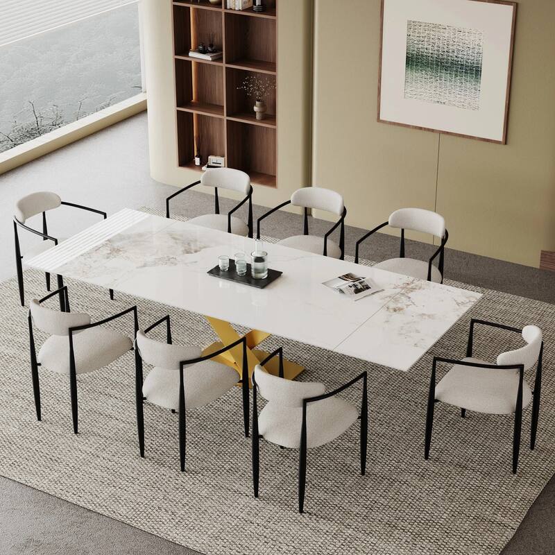 9 - Piece 94.48'' Modern Minimalist Extendable Sintered Stone Top Dining Set with 8 Fabric Chair - Alps White Top/White&Black chair
