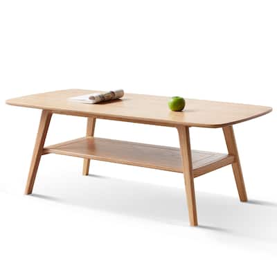 2-Tier Coffee Table With Storage Shelf Easy Assembly Natural Solid Wood Table Furniture For Living Room Small Apartment