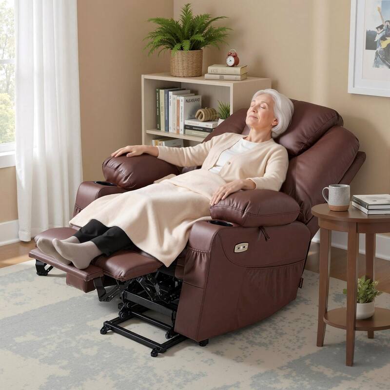 MCombo Small Power Lift Recliner Chair with Massage and Heat for Elderly, 3 Positions and USB Ports Faux leather 7141 -  Light Brown