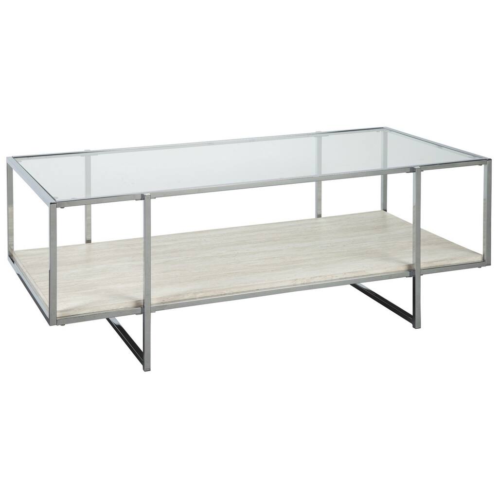 48 Inches Glass Top Cocktail Table with Stone Shelf, Clear and Chrome