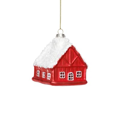 Glass Red House with White Roof Christmas Hanging Ornaments, Set of 12