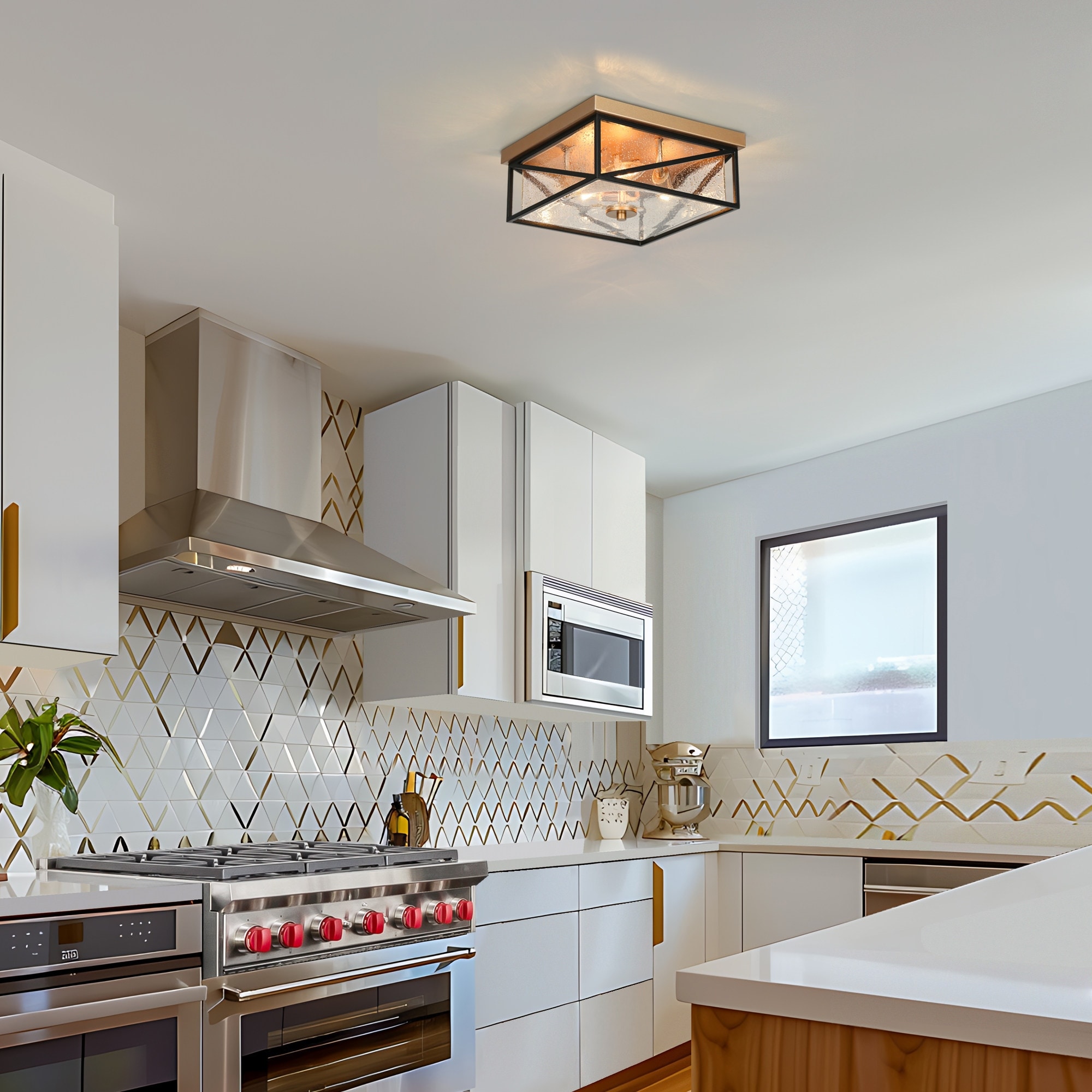 Modern 3-Light Square Black Gold Flush Mount Glass Ceiling