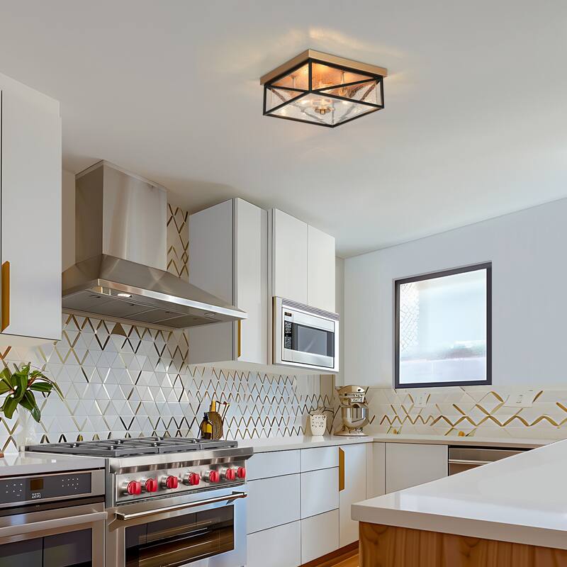 Modern 3-Light Square Black Gold Flush Mount Glass Ceiling Light for Foyer