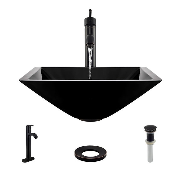 Rene R5-5003-NOR-R9-7001 16-1/2" Glass Vessel Bathroom Sink with Vessel Faucet, Sink Ring, and Vessel Pop-Up Drain