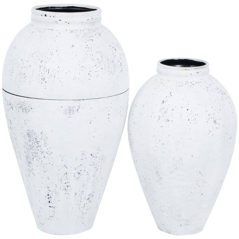 Metal Tall Distressed Pot Floor Vase - Set of 2 White - Roche River Decor - 17"W x 17"L x 31"H
