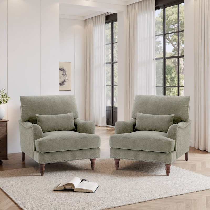 Set of 2 Mid Century Chenille Upholstered Accent Chairs - Chenille - Light Brown