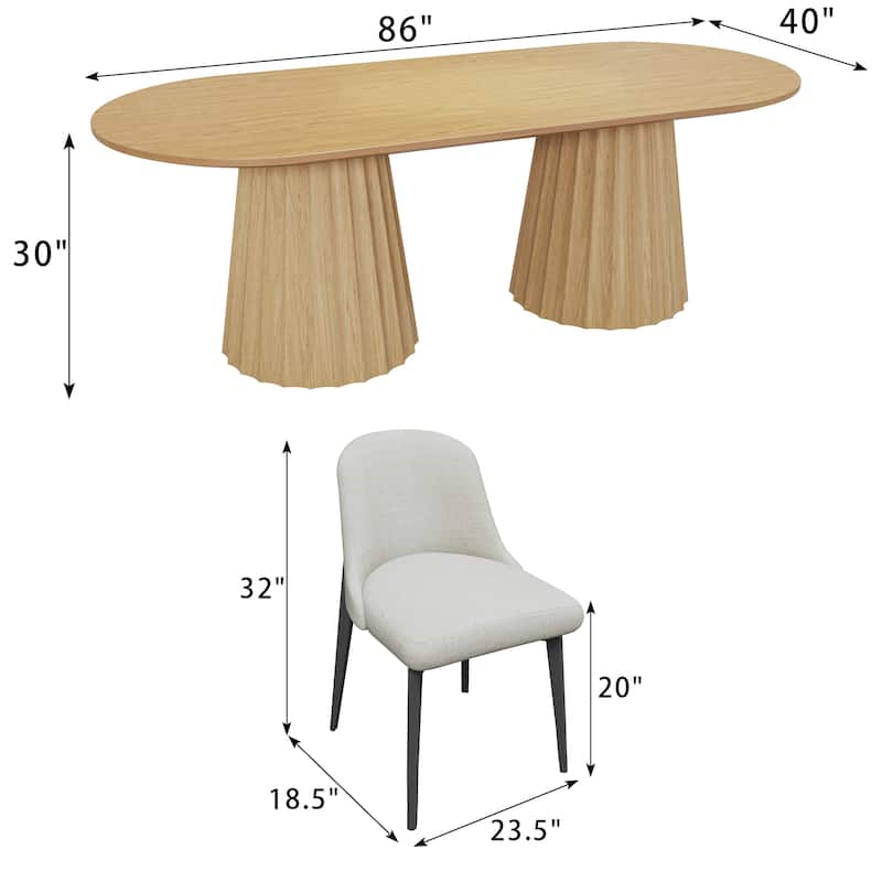 86" Modern Oval Dining Table Set with 8 Upholstered Chairs Textured Wood Top & Dual Pleated Pedestal Base
