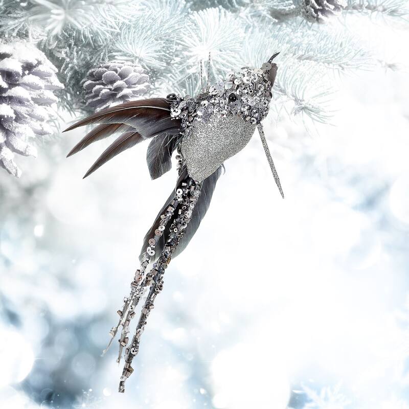 6ct Silver Glitter Sequin Beaded Hummingbird Christmas Ornaments 6.5"