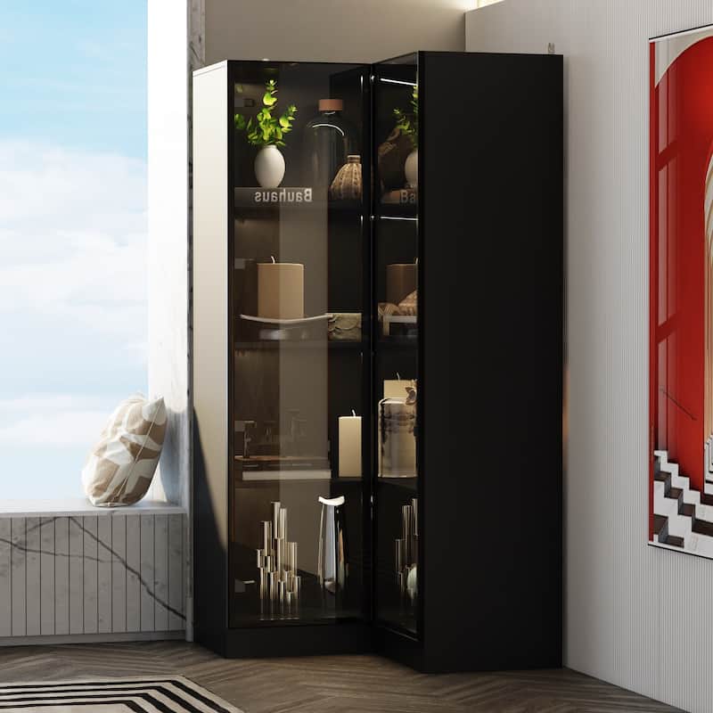 Black Glass Door Corner and Standard Cabinet Set with Lights Strips - 1-Piece Corner Cabinet