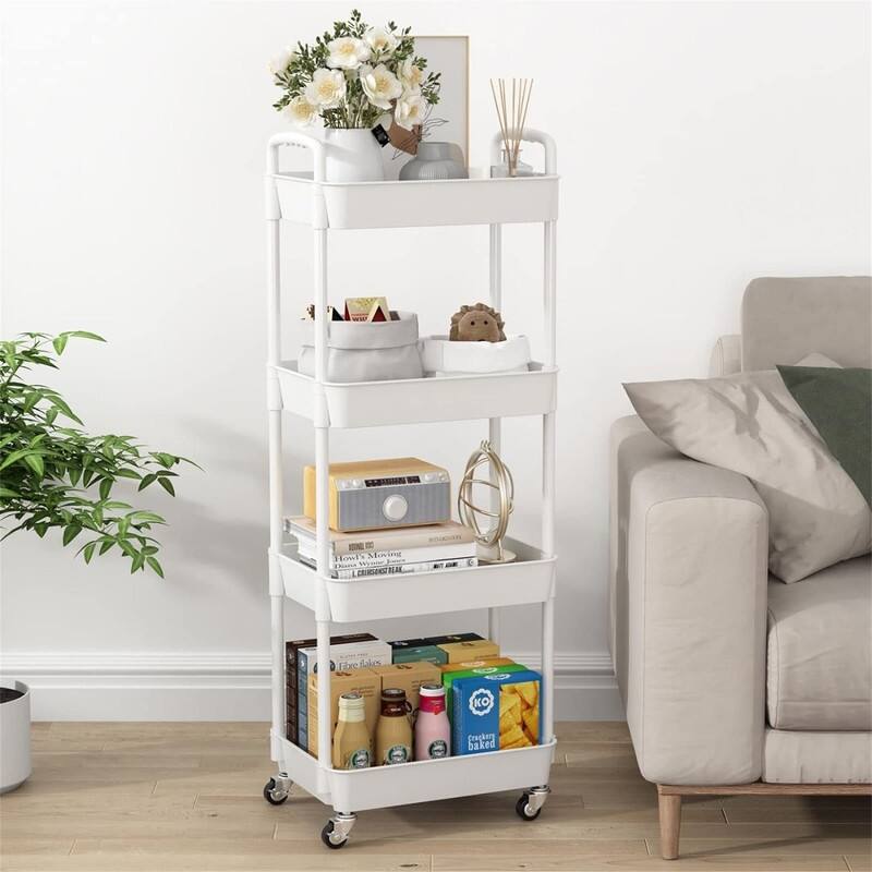 4-Tier Rolling Storage Cart Utility Cart - 11.02"D x 15.35"W x 42.32"H - White