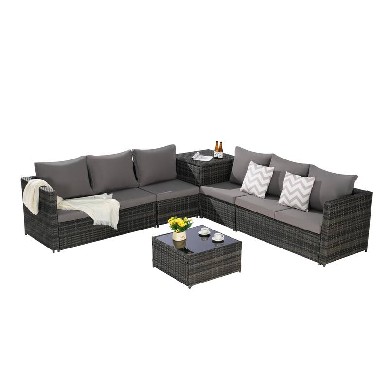 6-Piece Outdoor Patio Wicker Sectional Sofa Set with Corner Table & Glass Top Table