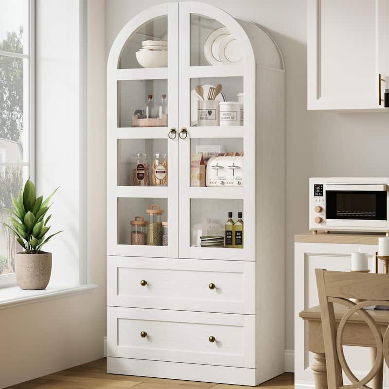 Kitchen Pantry Cabinet, 72" Tall Arched Kitchen Pantry Storage Cabinet, Wood Versatile Rustic Cupboard with Drawers