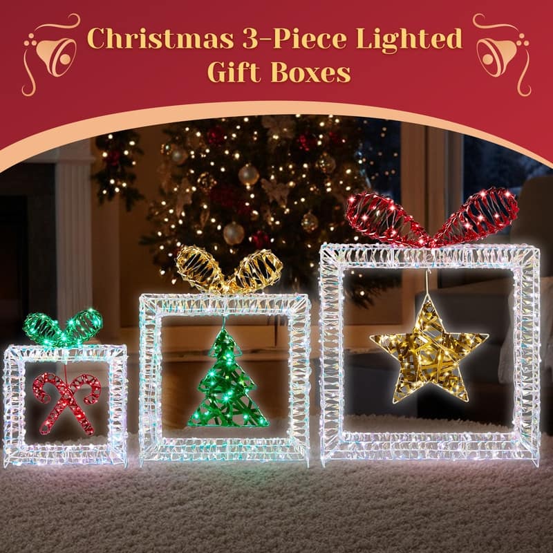 Set of 3 Lighted Iridescent Cut-out Gift Box Christmas Decorations, Pre-lit Holiday Decor for Xmas Decor Holiday Displays