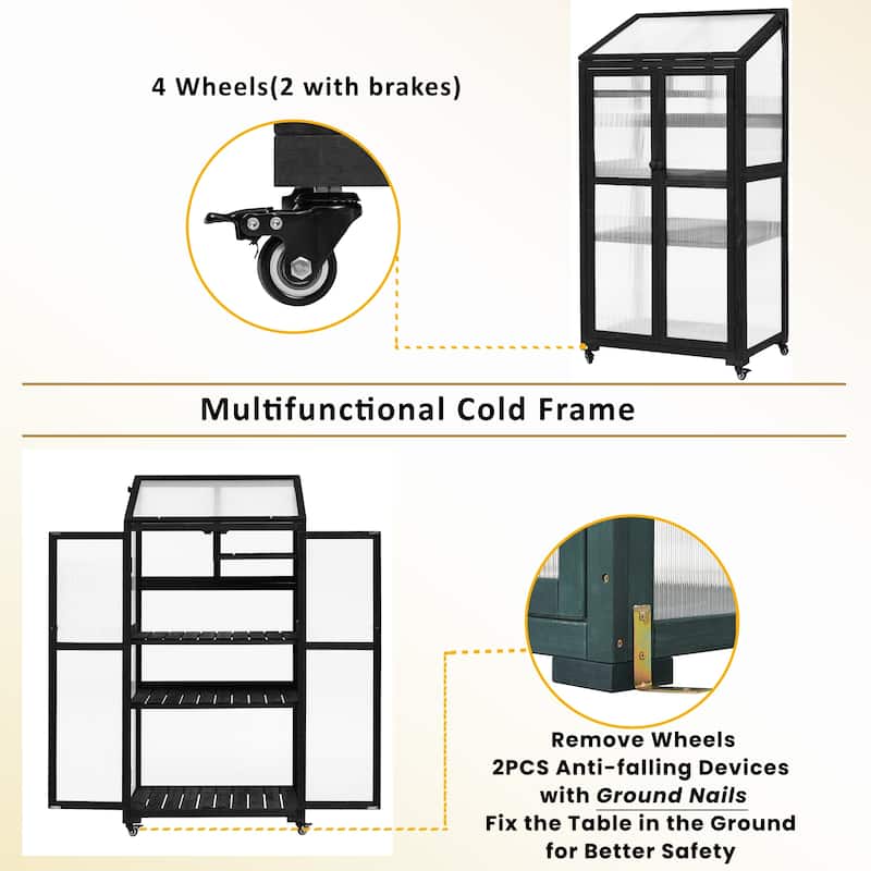 Roomfitters 62" Wood Greenhouse Cold Frame with Wheels and Adjustable Shelves for Indoor Outdoor Use