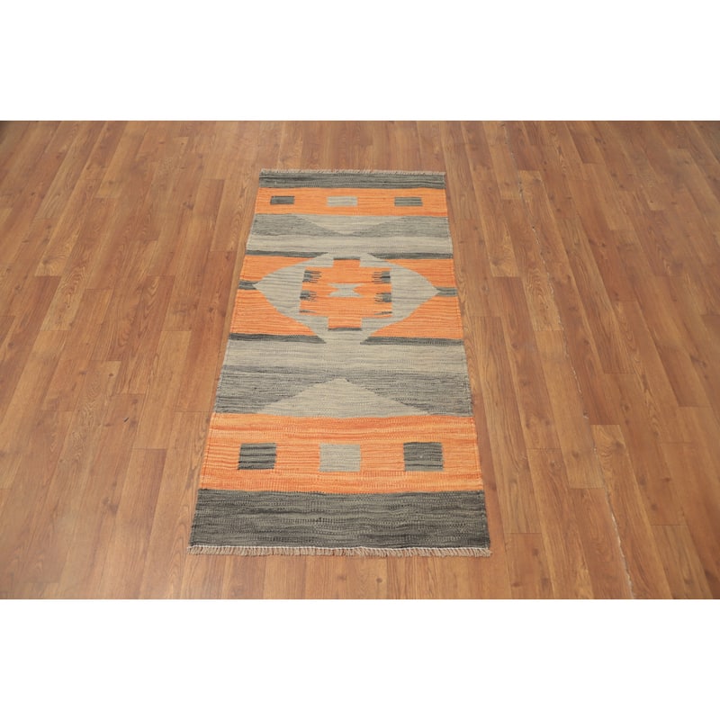 Hand Woven Oriental 100% Wool Carpet Southwestern Tribal Oranges & Rust Kilim Area Rug - 4' 2'' X 2' 0''