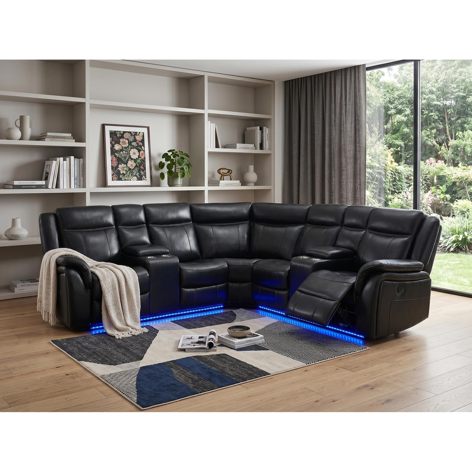 HomeRoots Black Polyester Blend Power Reclining L Shaped Three Piece Corner Sectional With Console