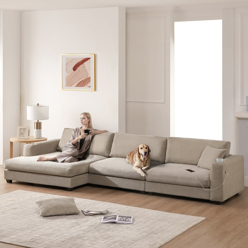 134" Oversized Corduroy Sectional L-shaped Cloud Sofa with USB Charging Port and Cup Holder