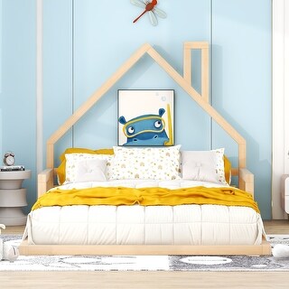 Full Size Wooden Floor Bed with House-shaped Headboard,Modern Style