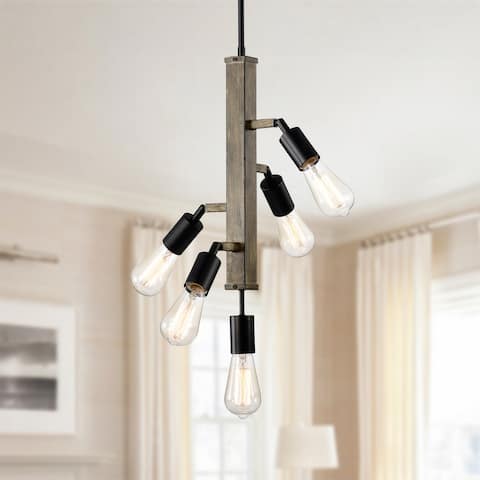 Abrome Matte Black and Wood Grain Finish 5-Light Pendant Ceiling Light