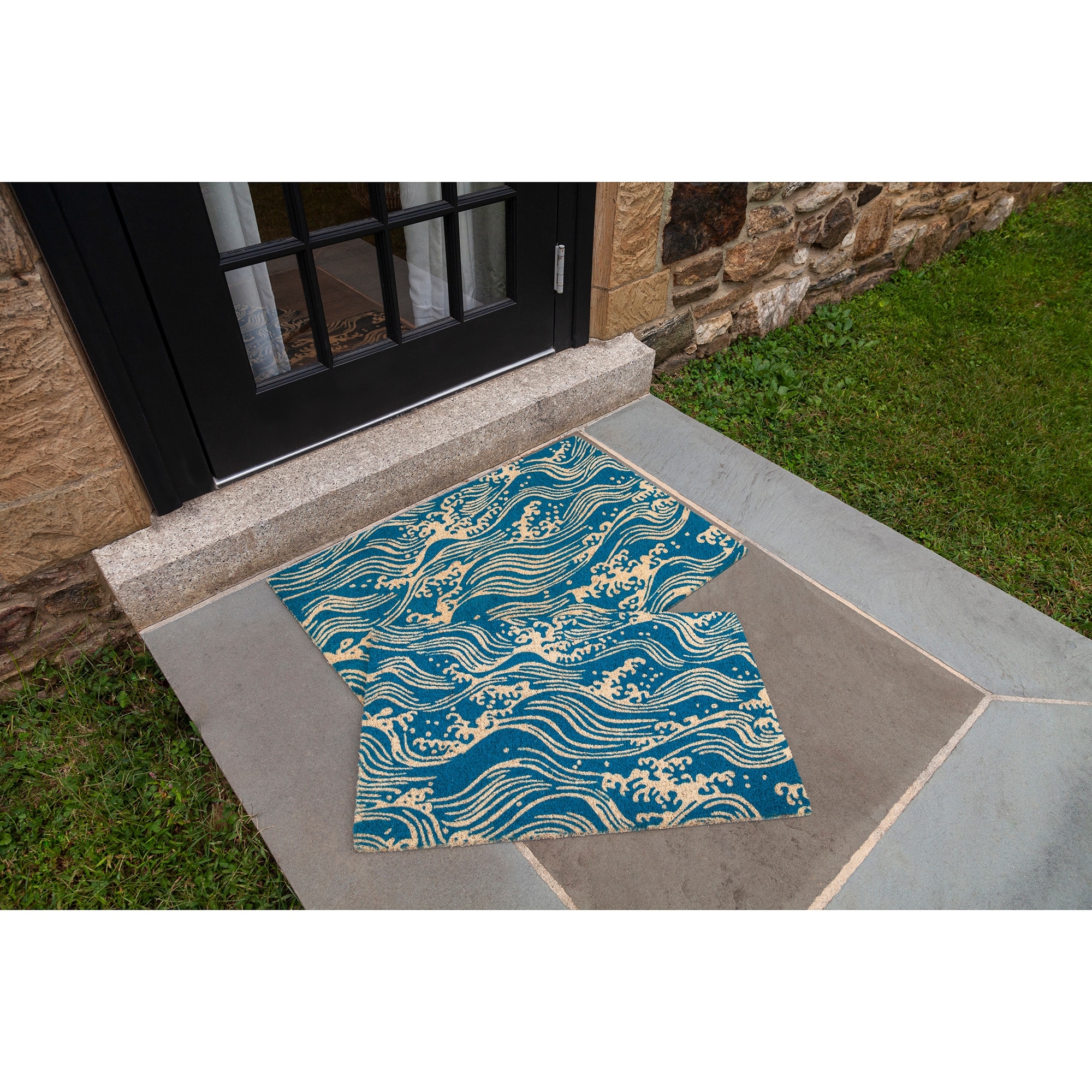 Japanese Wave Entrance Door Mat, Blue Pattern Entryway Doormat