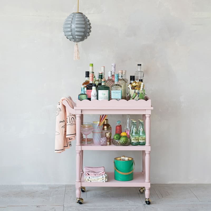 3-Tier Bar Cart on Casters with Removable Scalloped Tray, Pink - 27.3"L x 15.8"W x 31.9"H