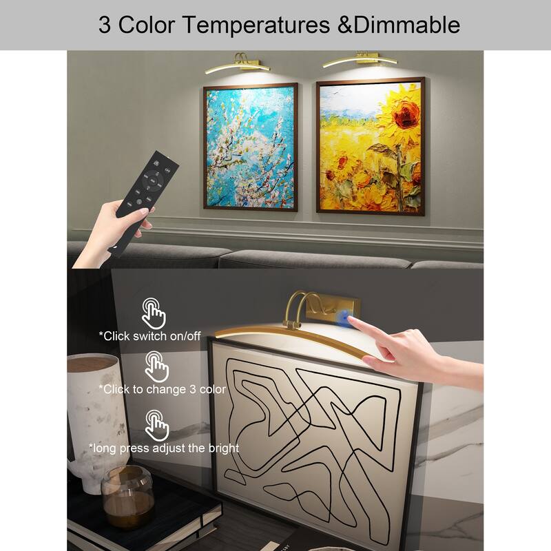 Modern 16'' Wireless Battery Operated Dimmable Picture Light with Remote Control and Adjustable Arm