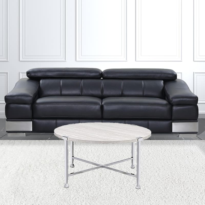 36-Inch White and Silver Round Metal Cross Legs Coffee Table for Living Room - 36” x 36” x 18”