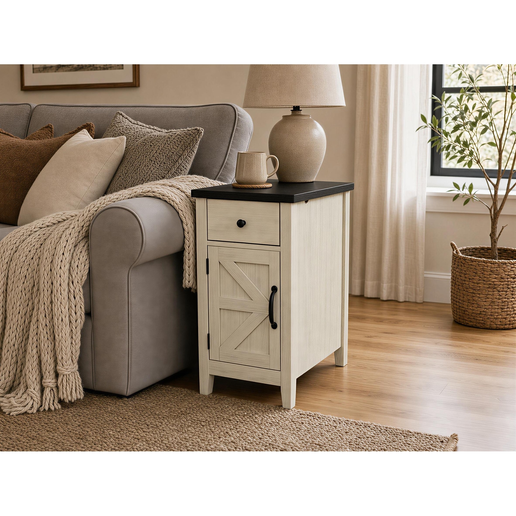 Farmhouse Wood Nightstand with Barn Door Drawer and USB Charging Ports ...