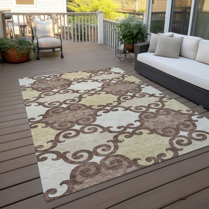 Machine Washable Indoor/ Outdoor Chantille Traditional Scroll Rug - Brown - 3' x 5'