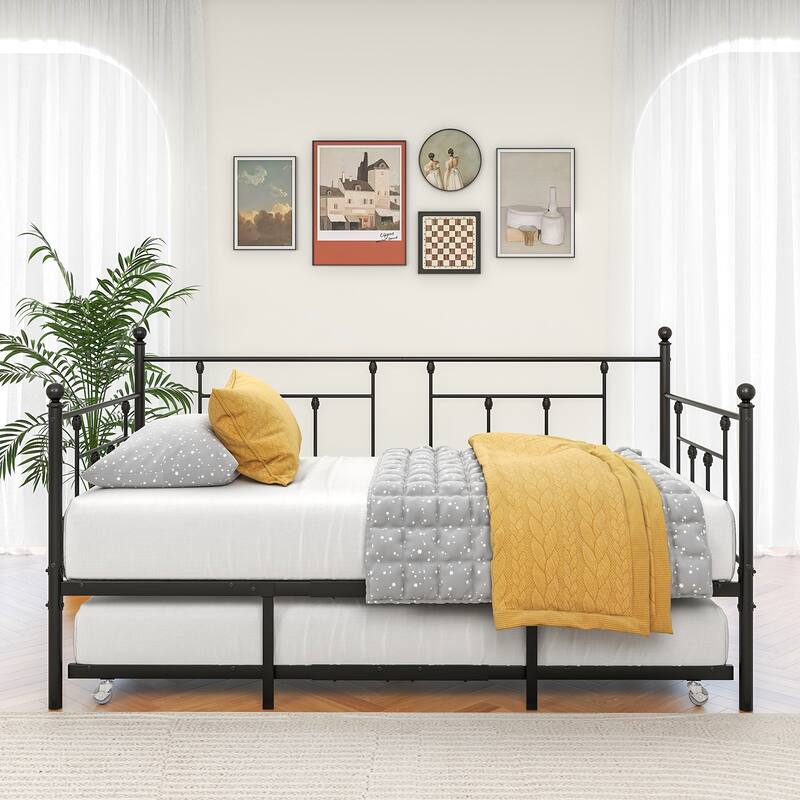 Modern Style Twin Size Metal Daybed with Trundle for Kids or Guest for Bedroom