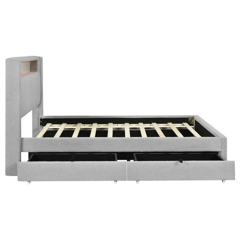 HomeRoots Light Gray Tufted Boucle Lighted Queen Bed Frame With Trundle And USB And Drawers