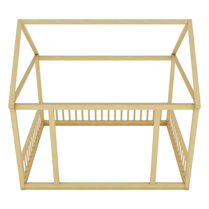 Full Size Pine Wood Floor Wooden Bed with House Roof Frame and Safety Guardrails
