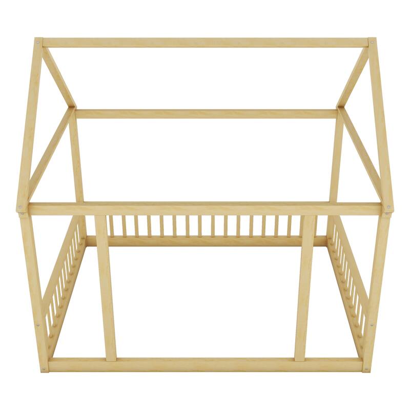 Pine Wood Floor Bed with House Roof Frame and Safety Guardrails