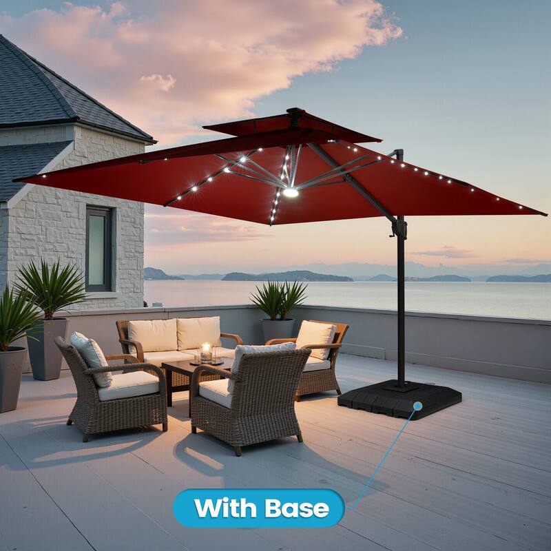 11FT Patio Cantilever Umbrella LED Lights Double Top Umbrella with 4-Piece Fillable Weighted Base