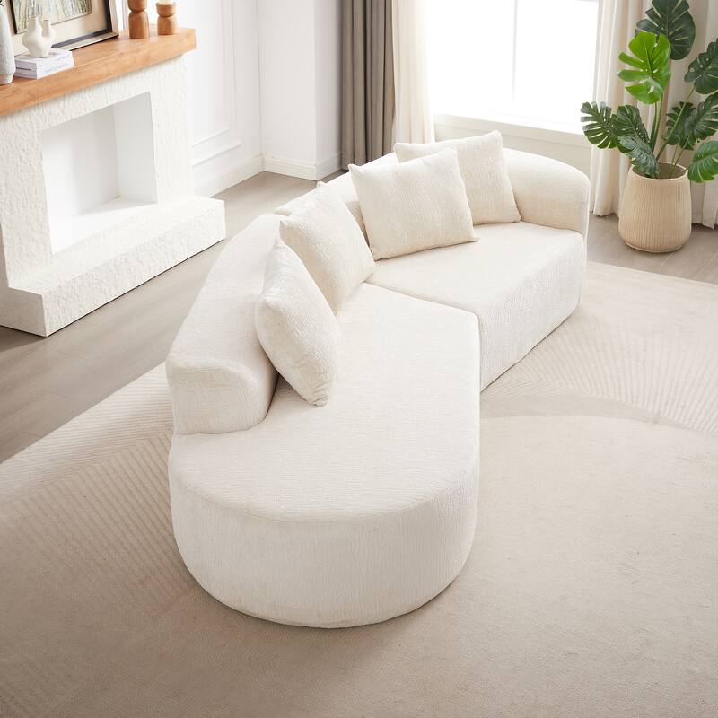 Curved Upholstered Loveseat Sofa Chenille Cloud Couch 4-Seater Chaise Lounge with 4 Throw Pillows for Living Room Recliner