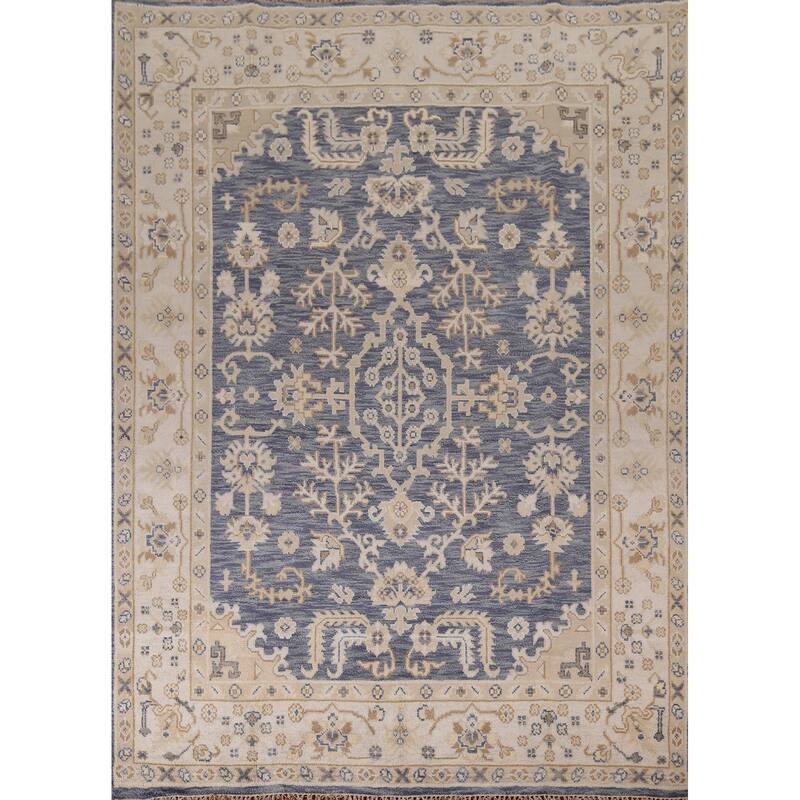 Blue Oushak Indian Area Rug Hand-Knotted Wool Carpet - 8'0"x 9'9"