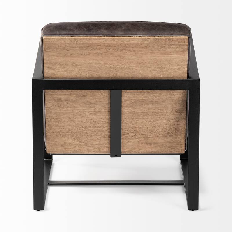 Stamford Black Genuine Leather w/ Light Brown Solid Wood Back & Black Iron Frame Accent Chair