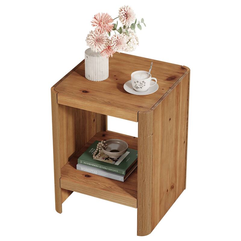 2-Tier Solid Wood End Table, Small Side Table with Open Storage Shelf