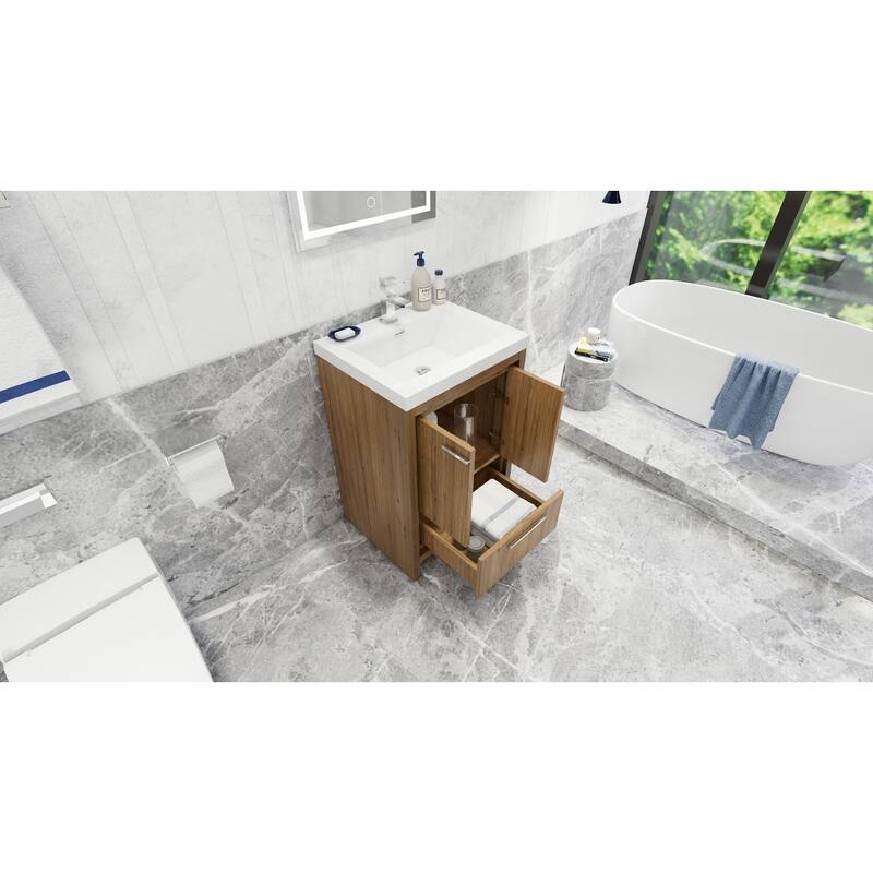 dolce 24 natural oak finish freestanding bath vanity with single basin reinforced acrylic top