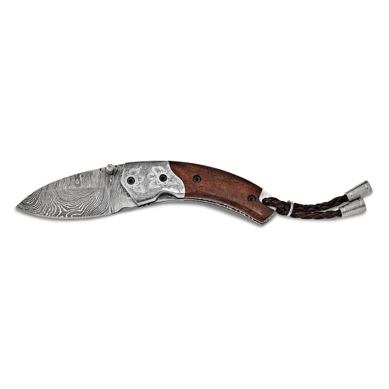 Curata Damascus Steel 256 Layer Folding Blade Steel Guard Tali Wood Handle Knife Leather Sheath Wooden Gift Box
