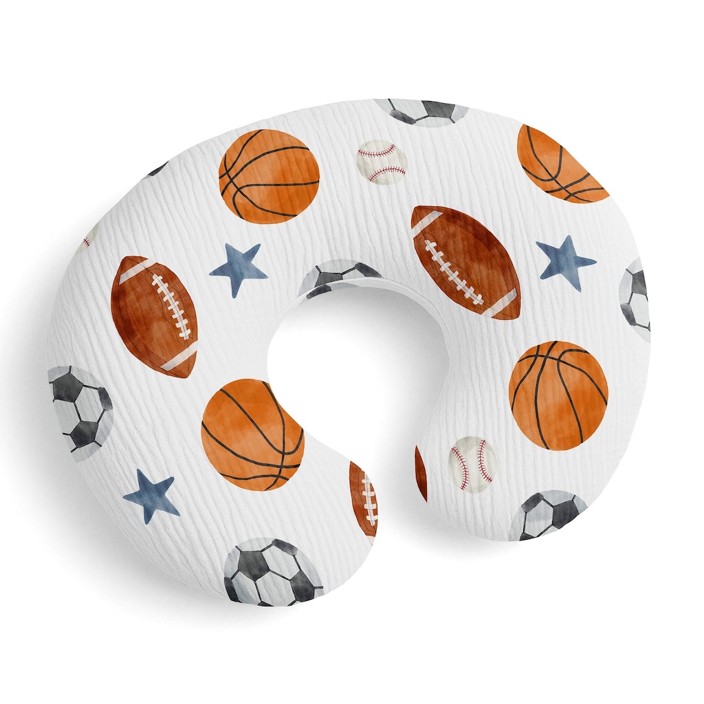 Sweet Jojo Designs Sports Theme Boy 100% Cotton Muslin Nursing Pillow Cover Case - Watercolor, Vintage Sport Themed Balls, Stars