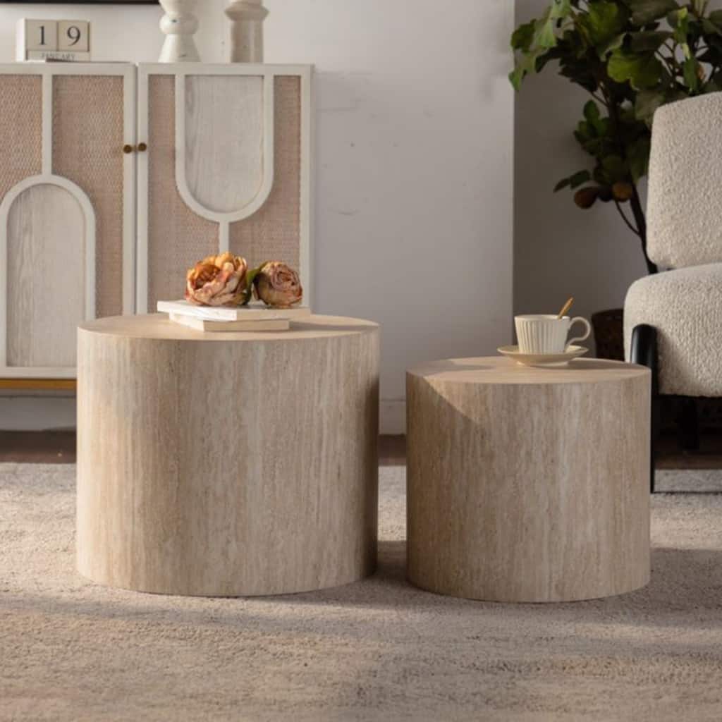 Nesting Coffee Table Set of 2, Round Wooden Coffee Tables, Circle Modern Table for Small Space, Living Room