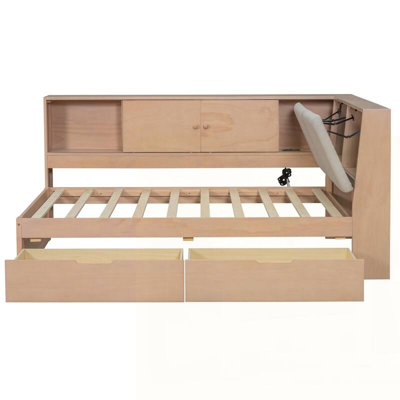 L-shaped Daybed Corner Bed with Storage Bookcase and USB Charging Ports