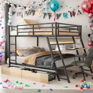 Full Size Bunk Bed With Built-in Desk,Light And 2 Drawers,Black for Home
