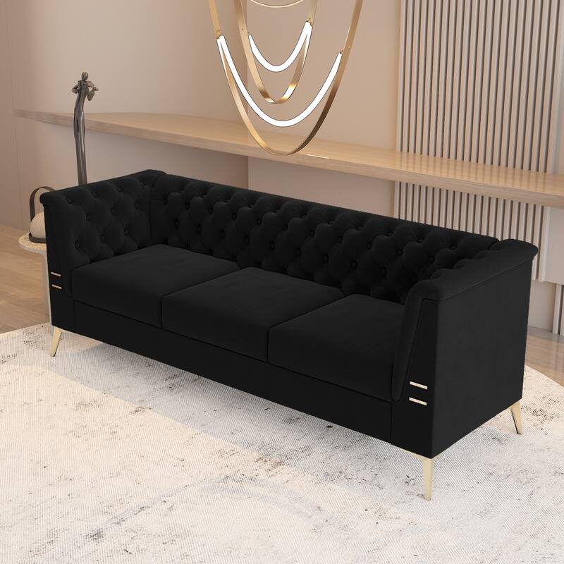 Velvet Upholstered 3-Seater Sofa Modern Living Room Deep Button Tufting Couch